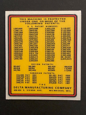 PATENT DECAL FOR VINTAGE DELTA WOODWORKING MACHINERY
